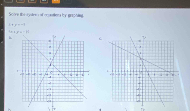 Solve the system of equations by graphing.
x+y=-9
4x+y=-19
a.
C.




h
↑
d
1