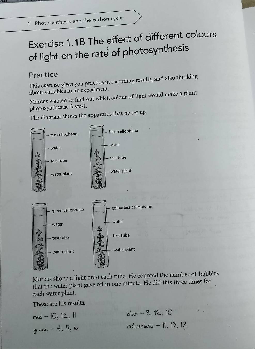 Photosynthesis and the carbon cycle
Exercise 1.1B The effect of different colours
of light on the rate of photosynthesis
Practice
This exercise gives you practice in recording results, and also thinking
about variables in an experiment.
Marcus wanted to find out which colour of light would make a plant
photosynthesise fastest.
The diagram shows the apparatus that he set up.

green cellophane colourless cellophane
water water
test tube test tube
water plant water plant
Marcus shone a light onto each tube. He counted the number of bubbles
that the water plant gave off in one minute. He did this three times for
each water plant.
These are his results.
red - 10, 12, 11 blue - 8, 12, 10
green - 4, 5, 6 colourless - 11, 13, 12