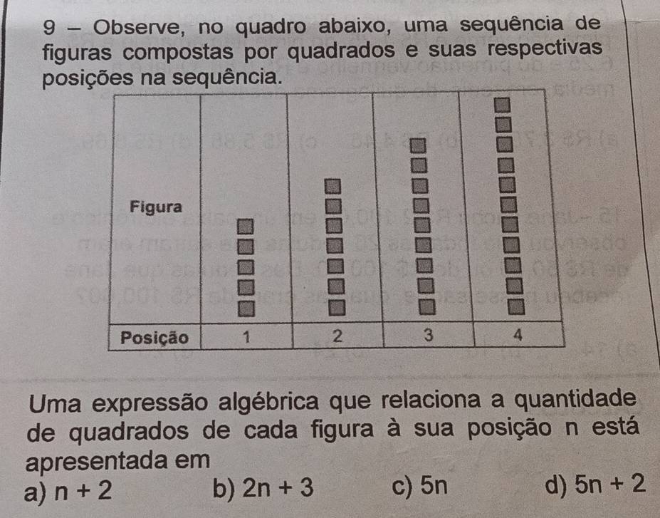 Observe, no quadro abaixo, uma sequência de
figuras compostas por quadrados e suas respectivas
possequência.
Uma expressão algébrica que relaciona a quantidade
de quadrados de cada figura à sua posição n está
apresentada em
a) n+2 b) 2n+3 c) 5n d) 5n+2