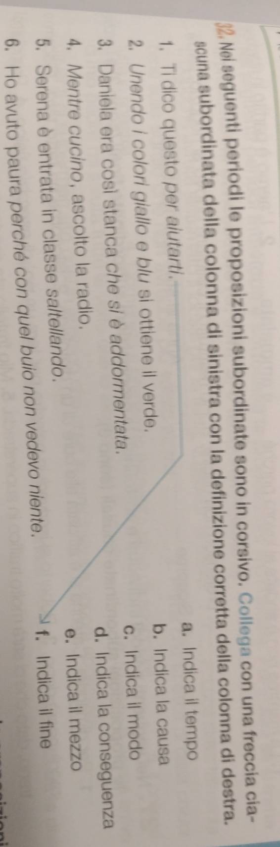 Nei seguenti periodi le proposizioni subordinate sono in corsivo. Collega con una freccia cia- 
scuna subordinata della colonna di sinistra con la definizione corretta della colonna di destra. 
a. Indica il tempo 
1. Ti dico questo per aiutarti. 
2. Unendo i colori giallo e blu si ottiene il verde. b. Indica la causa 
3. Daniela era così stanca che si è addormentata. c. Indica il modo 
d. Indica la conseguenza 
4. Mentre cucino, ascolto la radio. 
e. Indica il mezzo 
5. Serena è entrata in classe saltellando. 
6. Ho avuto paura perché con quel buio non vedevo niente. 
f. Indica il fine