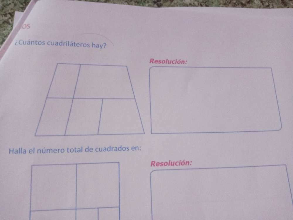 os 
¿Cuántos cuadriláteros hay? 
Resolución: 
Halla el número total de cuadrados en: 
Resolución: