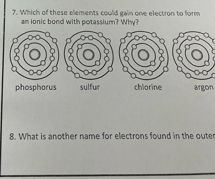 Which of these elements could gain one electron to form
an ionic bond with potassium? Why?
phosphorus chlorine argon
8. What is another name for electrons found in the outer