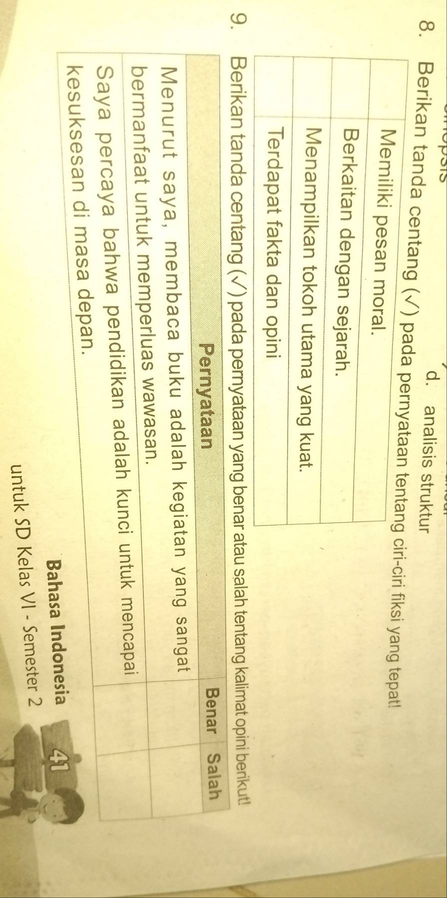analisis struktur 
8. Berikan tanda cent-ciri fiksi yang tepat! 
9. Berikan tand (√pernyataan yang benar atau salah tentang kalimat opini berikut! 
untuk SD Kelas VI - Semester 2