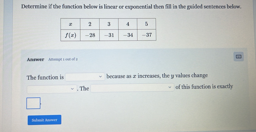 Determine if the function below is linear or exponential then fill in the guided sentences below.
Answer Attempt 1 out of 2
The function is □ because as x increases, the y values change
□ x_1+x_2= □ /□  . The □ of this function is exactly
□ .
Submit Answer