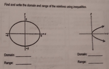 Find and write the domain and range of the relations using inequalities 
Domain: _Domain:_ 
Range: _Range:_