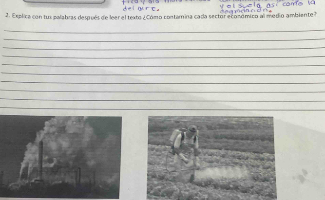 Explica con tus palabras después de leer el texto ¿Cómo contamina cada sector económico al medio ambiente? 
_ 
_ 
_ 
_ 
_ 
_ 
_ 
_ 
_ 
_