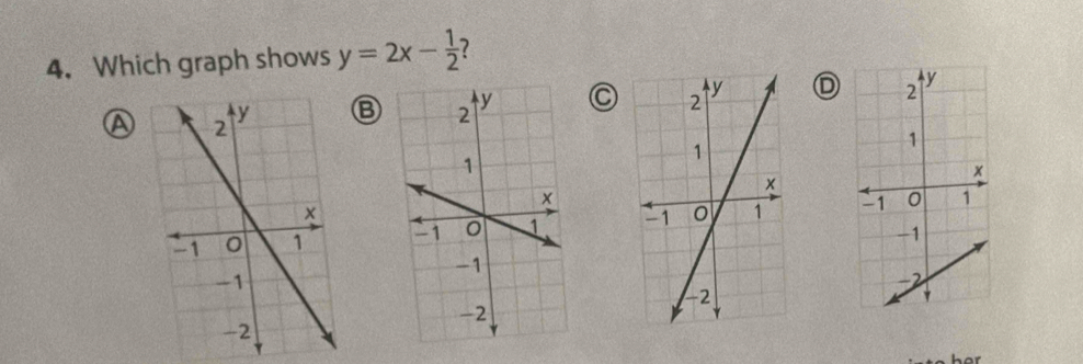 Which graph shows y=2x- 1/2  7 
AⒷCD 

her