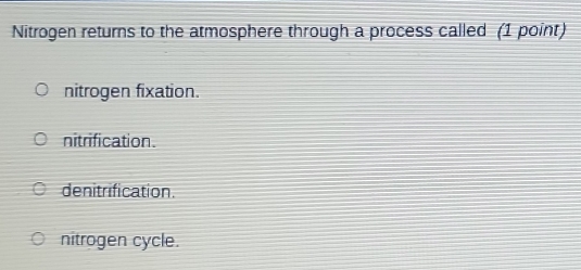 Nitrogen returns to the atmosphere through a process called (1 point)
nitrogen fixation.
nitrification.
denitrification.
nitrogen cycle.