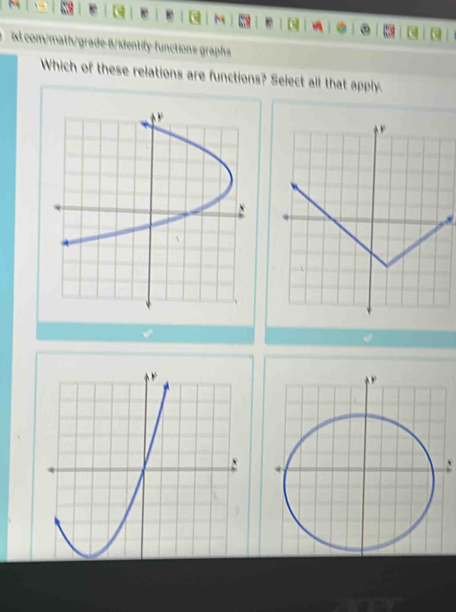 8/identify-functions graphs 
Which of these relations are functions? Select all that apply.