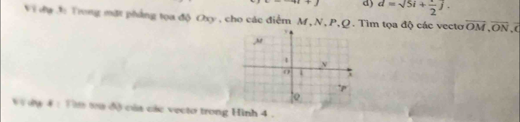 41+1 d) d=sqrt(5)i+ 1/2 j. 
iđự A Trong mặt pháng tọa độ Oxy, cho các điểm M, N, P, Q. Tìm tọa độ các vecto overline OM, overline ON , (
V dy # : Ti ta độ của các vecto trong Hình 4.