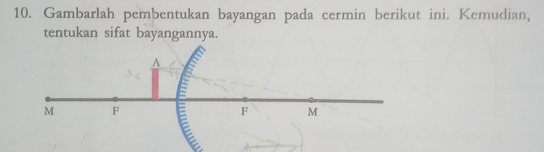 Gambarlah pembentukan bayangan pada cermin berikut ini. Kemudian, 
tentukan sifat bayangannya.