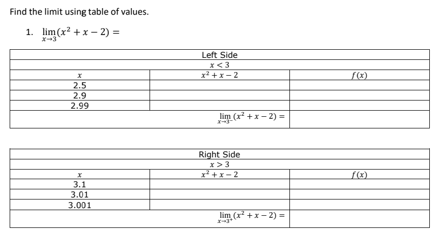 Find the limit using table of values.
1. limlimits _xto 3(x^2+x-2)=