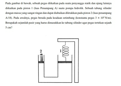 Pada gambar di bawah, sebuah pegas diikatkan pada suatu penyangga statik dan ujung lainnya 
diikatkan pada piston 1 (luas Penampang A) suatu pompa hidrolik. Sebuah tabung silinder 
dengan massa yang sangat ringan dan dapat diabaikan diletakkan pada piston 2 (luas penampang
A/18). Pada awalnya, pegas berada pada keadaan setimbang (konstanta pegas 3* 10^4N/m)
Berapakah sejumlah pasir yang harus dimasukkan ke tabung silinder agar pegas tertekan sejauh
5 cm?