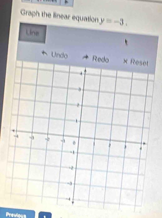 Graph the linear equation y=-3. 
Line 
Undo 
Previous