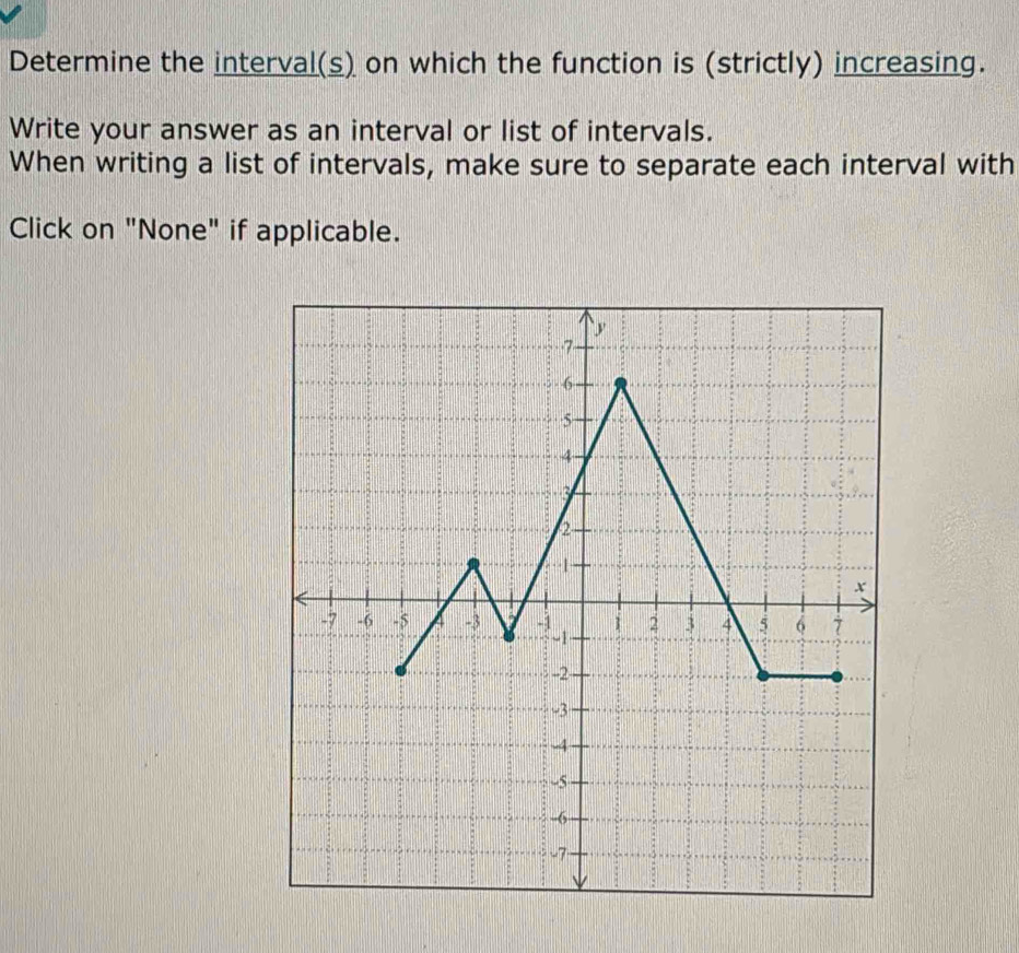 Determine the interval(s) on which the function is (strictly) increasing. 
Write your answer as an interval or list of intervals. 
When writing a list of intervals, make sure to separate each interval with 
Click on "None" if applicable.