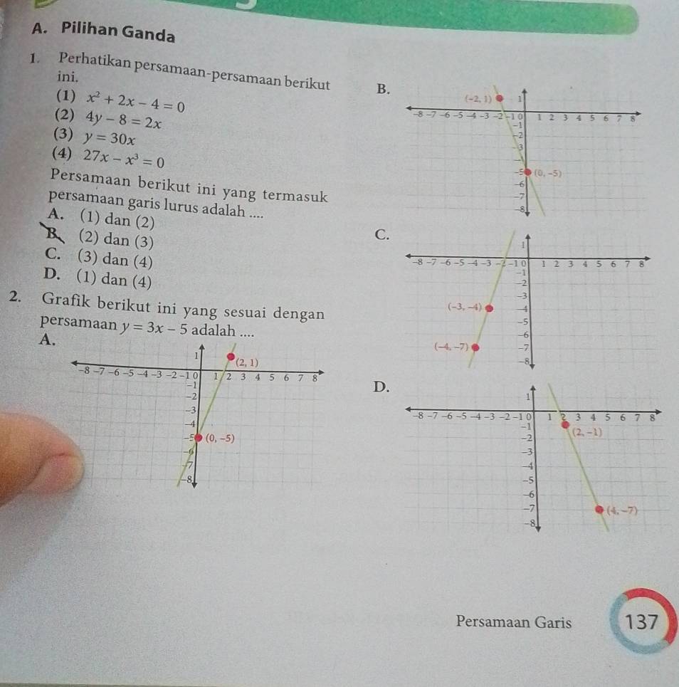 Pilihan Ganda
ini.
1. Perhatikan persamaan-persamaan berikut B
(1) x^2+2x-4=0
(2) 4y-8=2x
(3) y=30x
(4) 27x-x^3=0
Persamaan berikut ini yang termasuk
persamaan garis lurus adalah ....
A. (1) dan (2)
B (2) dan (3)
C
C. (3) dan (4)
D. (1) dan (4)
2. Grafik berikut ini yang sesuai dengan
persamaan
A. y=3x-5 adalah ....
D
Persamaan Garis 137