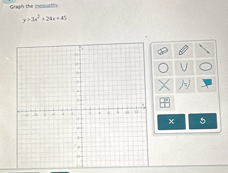 Graph the inequality.
y>3x^2+24x+45
V 
×