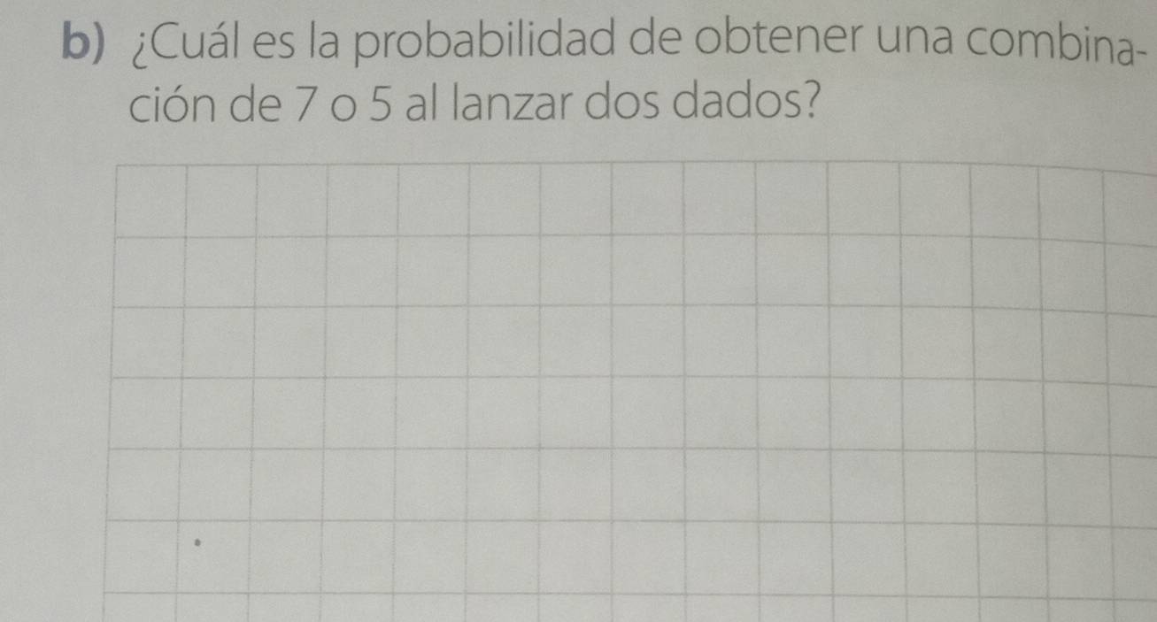 ¿Cuál es la probabilidad de obtener una combina- 
ción de 7 o 5 al lanzar dos dados?