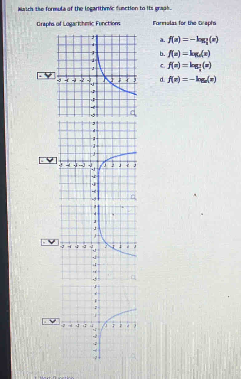 Match the formula of the logarithmic function to its graph.
Graphs of Logarithmic Functions Formulas for the Graphs
a. f(x)=-log _ 1/2 (x)
b. f(x)=log _4(x)
C. f(x)=log _ 1/2 (x)
d. f(x)=-log _a(x).
-