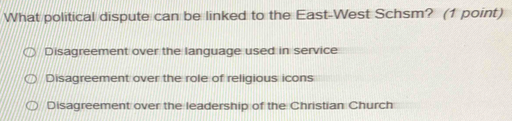 What political dispute can be linked to the East-West Schsm? (1 point)
Disagreement over the language used in service
Disagreement over the role of religious icons
Disagreement over the leadership of the Christian Church