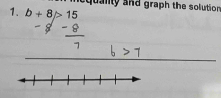 qualty and graph the solution 
1. b+8>15