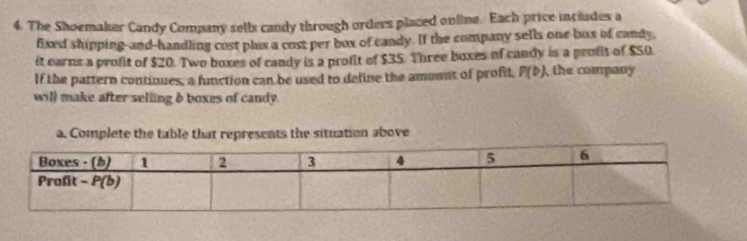 The Shoemaker Candy Company sells candy through orders placed online. Each price includes a 
fixed shipping-and-handling cost plus a cost per box of candy. If the company sells one bus of candy, 
it earns a profit of $20. Two boxes of candy is a profit of $35. Three boxes of candy is a profit of $50. 
If the pattern continues, a function can be used to define the amount of profit, F(b) , the company 
will make after selling b boxes of candy. 
a. Complete the table that represents the situation above