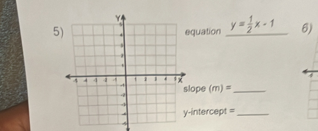 5quation y= 1/2 x-1 6) 
4 
ope (m)= _ 
intercept =_