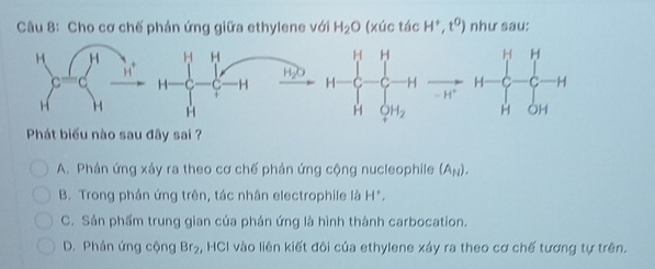 Cho cơ chế phản ứng giữa ethylene với H_2O (xúc tác H^+,t^0) như sau:
H H H H
H
H C H H H
H H H_2
Phát biểu nào sau đây sai ?
A. Phán ứng xảy ra theo cơ chế phản ứng cộng nucleophile (A_H).
B. Trong phản ứng trên, tác nhân electrophile là H^+,
C. Sản phẩm trung gian của phán ứng là hình thành carbocation.
D. Phản ứng cộng Br_2 5, HCI vào liên kiết đôi của ethylene xảy ra theo cơ chế tương tự trên.