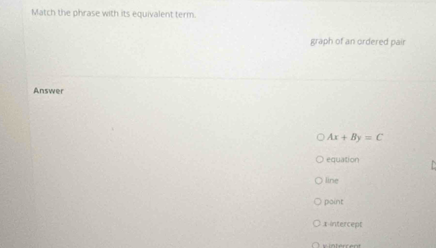 Match the phrase with its equivalent term.
graph of an ordered pair
Answer
Ax+By=C
equation
line
point
x intercept
vntércent