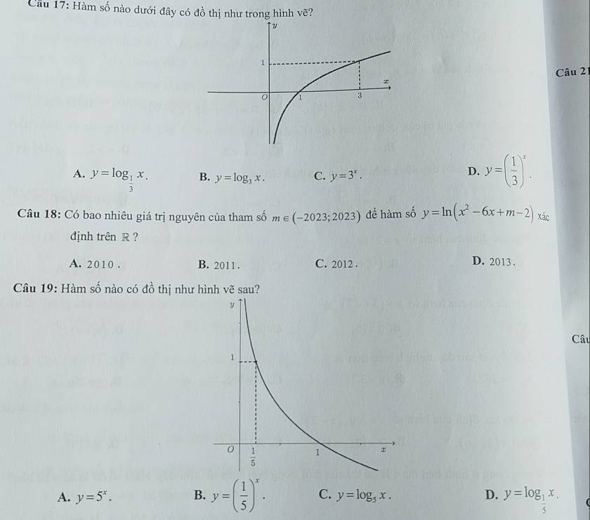 Cầu 17: Hàm số nào dưới đây có đồ thị như trong hình vẽ?
Câu 21
A. y=log _ 1/3 x.
B. y=log _3x. C. y=3^x.
D. y=( 1/3 )^x.
Câu 18: Có bao nhiêu giá trị nguyên của tham số m∈ (-2023;2023) đề hàm số y=ln (x^2-6x+m-2) xác
định trên R ?
A. 2010 . B. 2011 . C. 2012 .
D. 2013 .
Câu 19: Hàm số nào có đồ thị như hình vẽ sau?
Câu
A. y=5^x. B. y=( 1/5 )^x. C. y=log _5x. D. y=log _ 1/5 x.