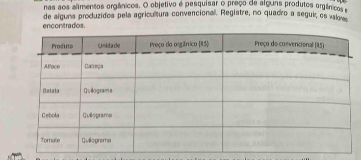 upe 
nas aos alimentos orgânicos. O objetivo é pesquisar o preço de alguns produtos orgânicos e 
de alguns produzidos pela agricultura convencional. Registre, no quadro a seguir, os valores 
encontrados.