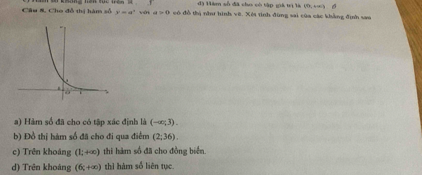 số không hên tục trên k y d) Hàm số đã cho có tập giá trị là (0,+∈fty ). 
Câu 8. Cho đồ thị hàm số y=a^x véi a>0 có đồ thị như hình vẽ. Xét tính đùng sai của các khẳng định sau
a) Hàm số đã cho có tập xác định là (-∈fty ;3).
b) Đồ thị hàm số đã cho đi qua điểm (2;36).
c) Trên khoảng (1;+∈fty ) thì hàm số đã cho đồng biến.
d) Trên khoảng (6;+∈fty ) thì hàm số liên tục.