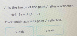 A' is the image of the point A after a reflection.
A(4,9)to A'(4,-9)
Over which axis was point A reflected?
x-axis y-axis