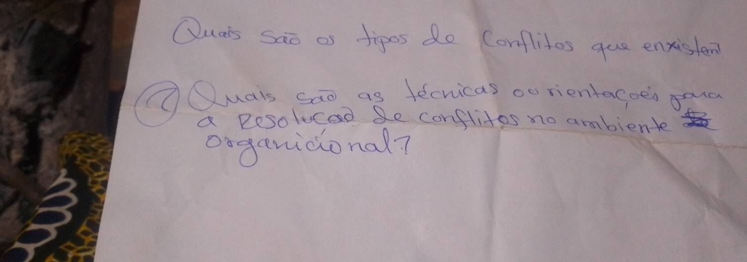 Cur's sao as tipos do Conflites gue enxisten 
OQuars sao as fecricas oo rientacoen oaa 
a Resoluced Se conflites no ambienle 
ooganidional?