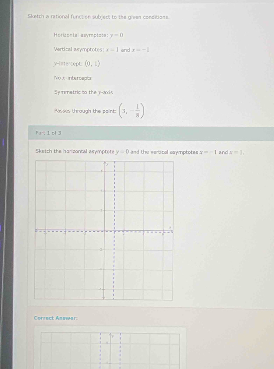 Sketch a rational function subject to the given conditions. 
Horizontal asymptote: y=0
Vertical asymptotes: x=1 and x=-1
y-intercept: (0,1)
No x-intercepts 
Symmetric to the y-axis 
Passes through the point: (3,- 1/8 )
Part 1 of 3 
Sketch the horizontal asymptote y=0 and the vertical asymptotes x=-1 and x=1. 
Correct Answer: