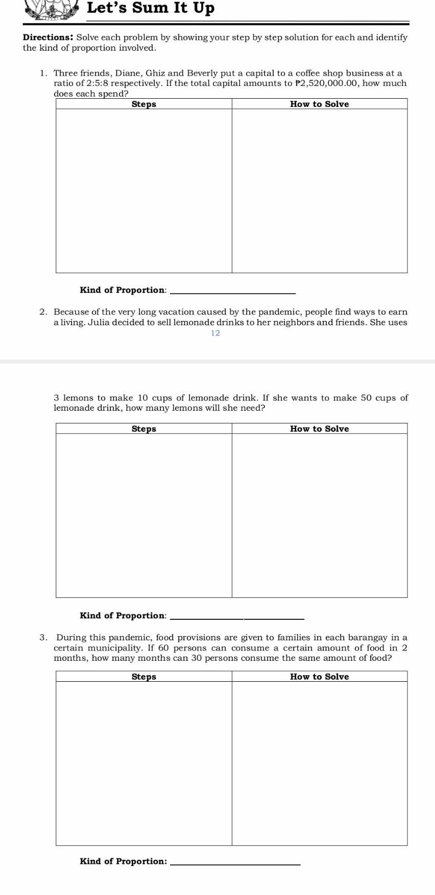 Let’s Sum It Up 
Directions: Solve each problem by showing your step by step solution for each and identify 
the kind of proportion involved. 
1. Three friends, Diane, Ghiz and Beverly put a capital to a coffee shop business at a 
ratio of 2:5:8 respectively. If the total capital amounts to P2,520,000.00, how much 
Kind of Proportion:_ 
2. Because of the very long vacation caused by the pandemic, people find ways to earn 
a living. Julia decided to sell lemonade drinks to her neighbors and friends. She uses
12
3 lemons to make 10 cups of lemonade drink. If she wants to make 50 cups of 
lemonade drink, how many lemons will she need? 
Kind of Proportion:_ 
3. During this pandemic, food provisions are given to families in each barangay in a 
certain municipality. If 60 persons can consume a certain amount of food in 2
months, how many months can 30 persons consume the same amount of food? 
Steps How to Solve 
Kind of Proportion:_