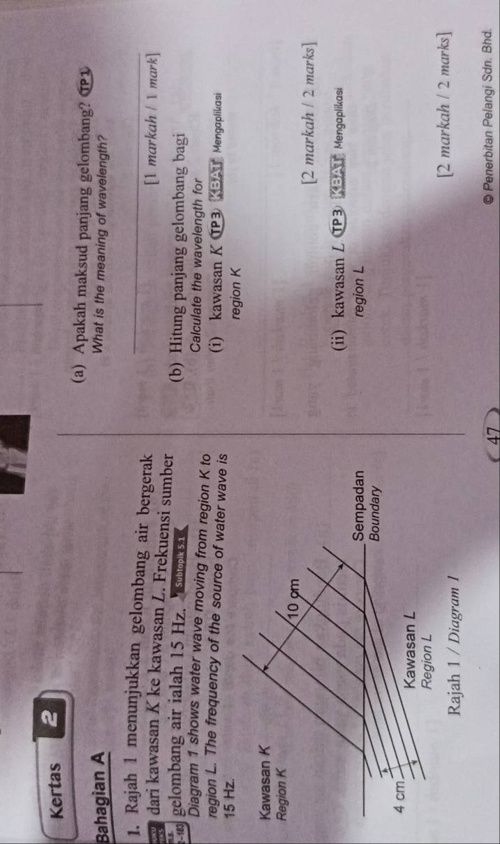 Kertas 2
(a) Apakah maksud panjang gelombang? ⑰1
Bahagian A What is the meaning of wavelength?
1. Rajah l menunjukkan gelombang air bergerak_
[1 markah / 1 mark]
dari kawasan K ke kawasan L. Frekuensi sumber
25
T gelombang air ialah 15 Hz. Subtopik 5.1 (b) Hitung panjang gelombang bagi
Calculate the wavelength for
Diagram 1 shows water wave moving from region K to
region L. The frequency of the source of water wave is (i) kawasan K TP3 KBAT Mengaplikasi
15 Hz.
region K
[2 markah / 2 marks]
(ii) kawasan L TP3 KBAT Mengaplikasi
region L
[2 markah / 2 marks]
47 © Penerbitan Pelangi Sdn. Bhd.