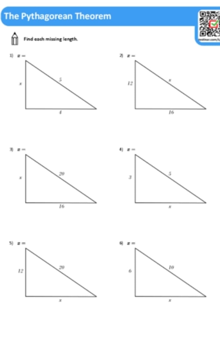 The Pythagorean Theorem
Find each missing length. rcom
1)