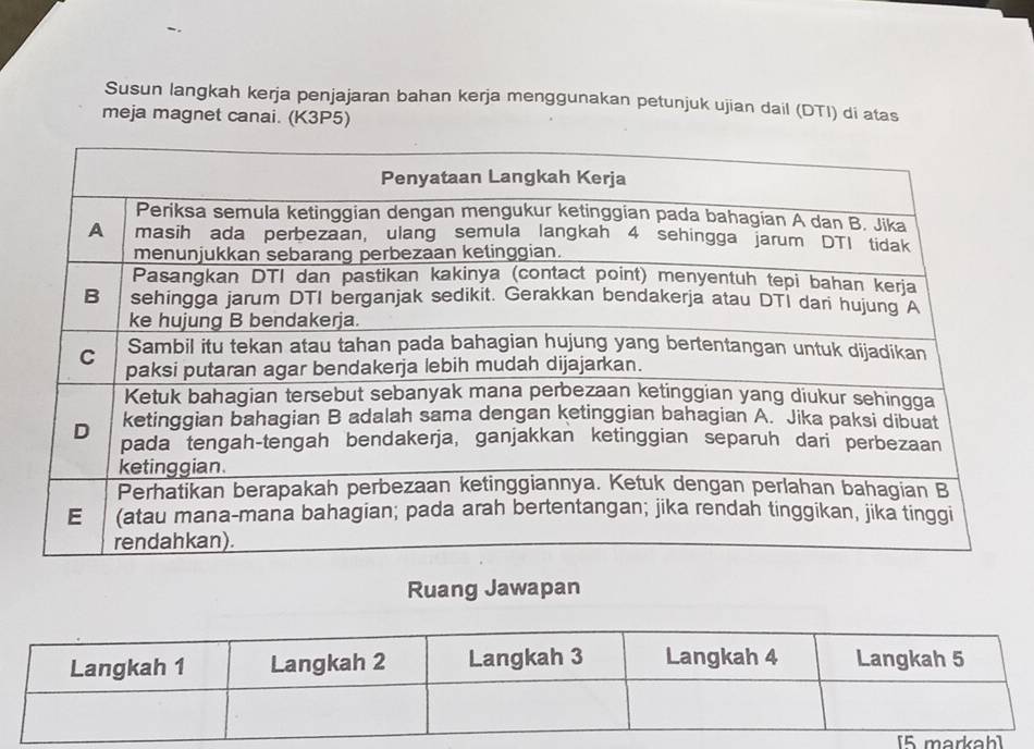 Susun langkah kerja penjajaran bahan kerja menggunakan petunjuk ujian dail (DTI) di atas 
meja magnet canai. (K3P5) 
Ruang Jawapan