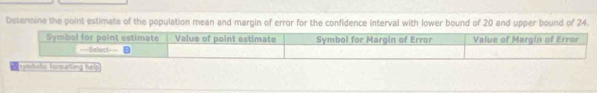 Determine the point estimate of the population mean and margin of error for the confidence interval with lower bound of 20 and upper bound of 24.