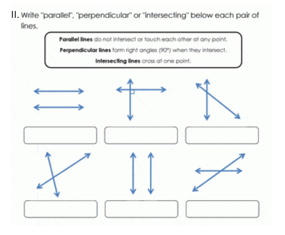 Write "parallel", "perpendicular" or "intersecting" below each pair of 
lines. 
Parallel lines do not intersect or touch each other at any point, 
Perpendicular lines form right angles (90°) when they intersect. 
Intersecting lines cross at one point.