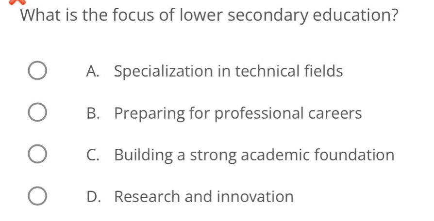 What is the focus of lower secondary education?
A. Specialization in technical fields
B. Preparing for professional careers
C. Building a strong academic foundation
D. Research and innovation