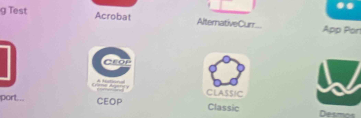Test Acrobat AlternativeCurr... 
App Par 
CEOP 
A Nistional 
Crime Argency command CLASSIC 
port... CEOP Classic 
Desmos