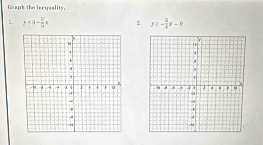 Graph the inequality.
1. y<6+ 3/5 x y≥ - 5/4 x-9
2.