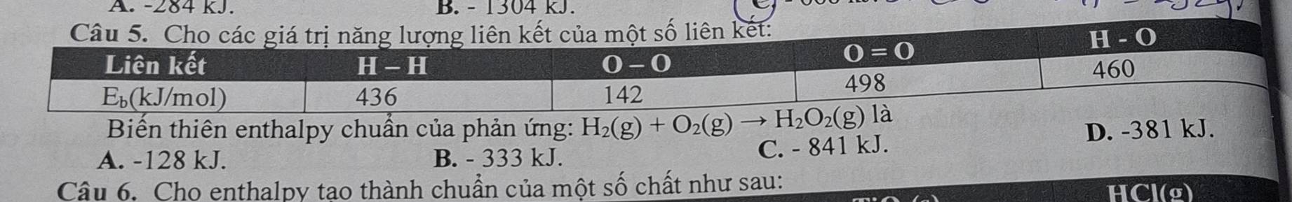 A. -284 kJ. B. - 1304 kJ.
Biến thiên enthalpy chuẩn của phản ứng:
D. -381 kJ.
A. -128 kJ. B. - 333 kJ.
C. - 841 kJ.
Câu 6. Cho enthalpy tao thành chuẩn của một số chất như sau:
HCl(g)