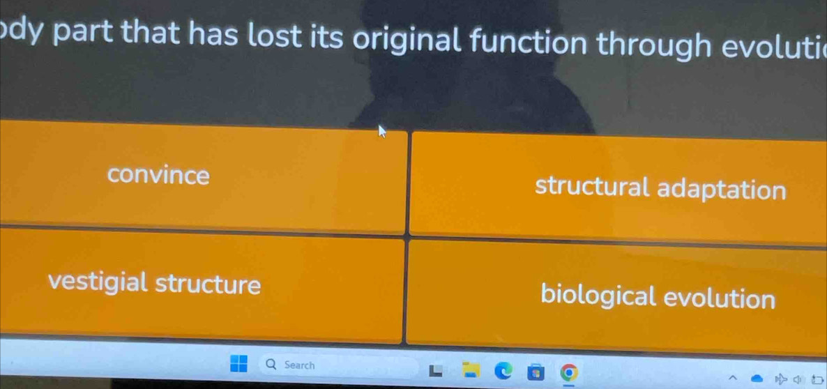 ody part that has lost its original function through evolutic
convince structural adaptation
vestigial structure biological evolution
Search