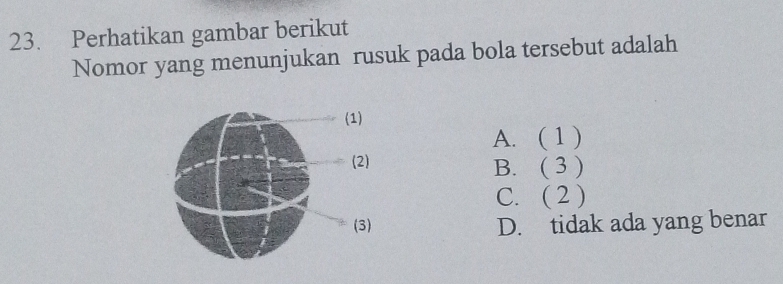 Perhatikan gambar berikut
Nomor yang menunjukan rusuk pada bola tersebut adalah
A. (1)
B. (3)
C. (2)
D. tidak ada yang benar