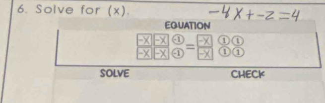 Solve for (x). 
EGUATION
-X a ①①
-X . = ①① 
SOLVE CHECK