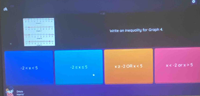 tA
Write an inequality for Graph 4.
-2
-2≤ x≤ 5
x≥ -2 OR x<5</tex> x or x>5
DAsia
Harris'