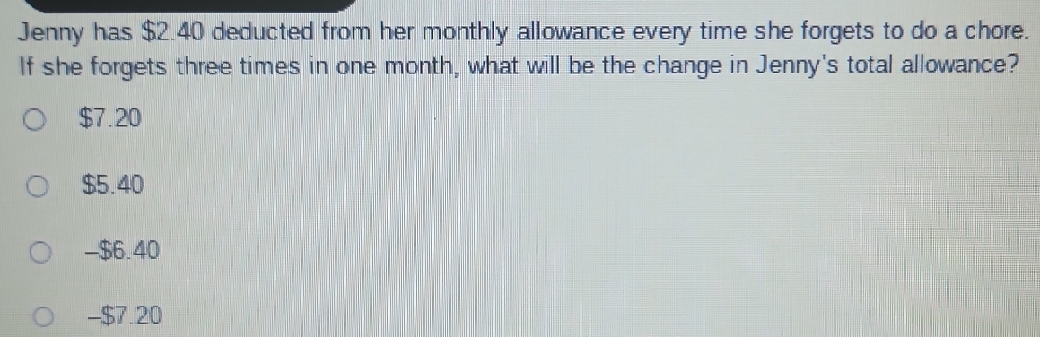 Jenny has $2.40 deducted from her monthly allowance every time she forgets to do a chore.
If she forgets three times in one month, what will be the change in Jenny's total allowance?
$7.20
$5.40
- $6.40
- $7.20